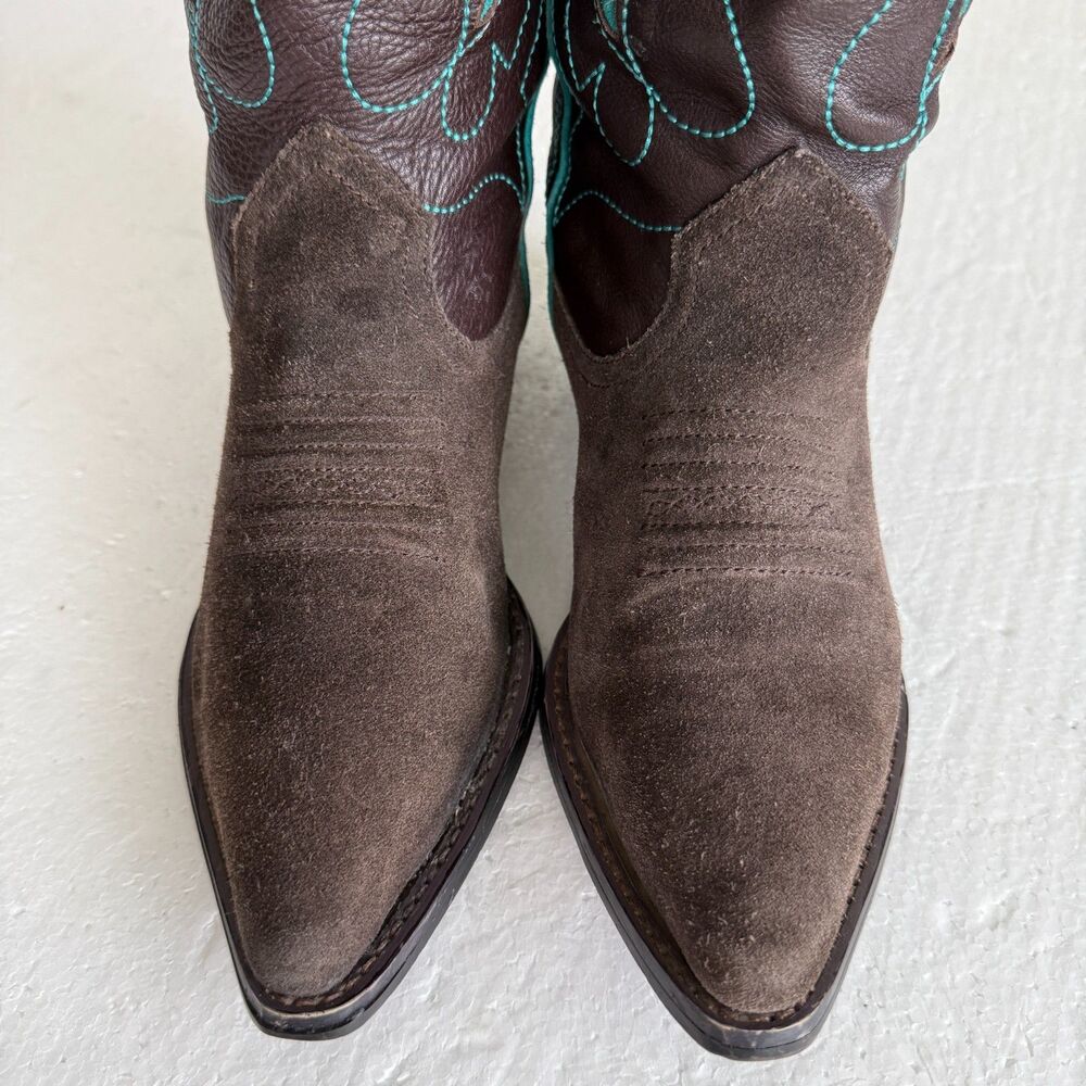 Brown Suede & Leather Cowboy Boots Turquoise Star Embroidery Women’s Size 38 - Picture 3 of 13